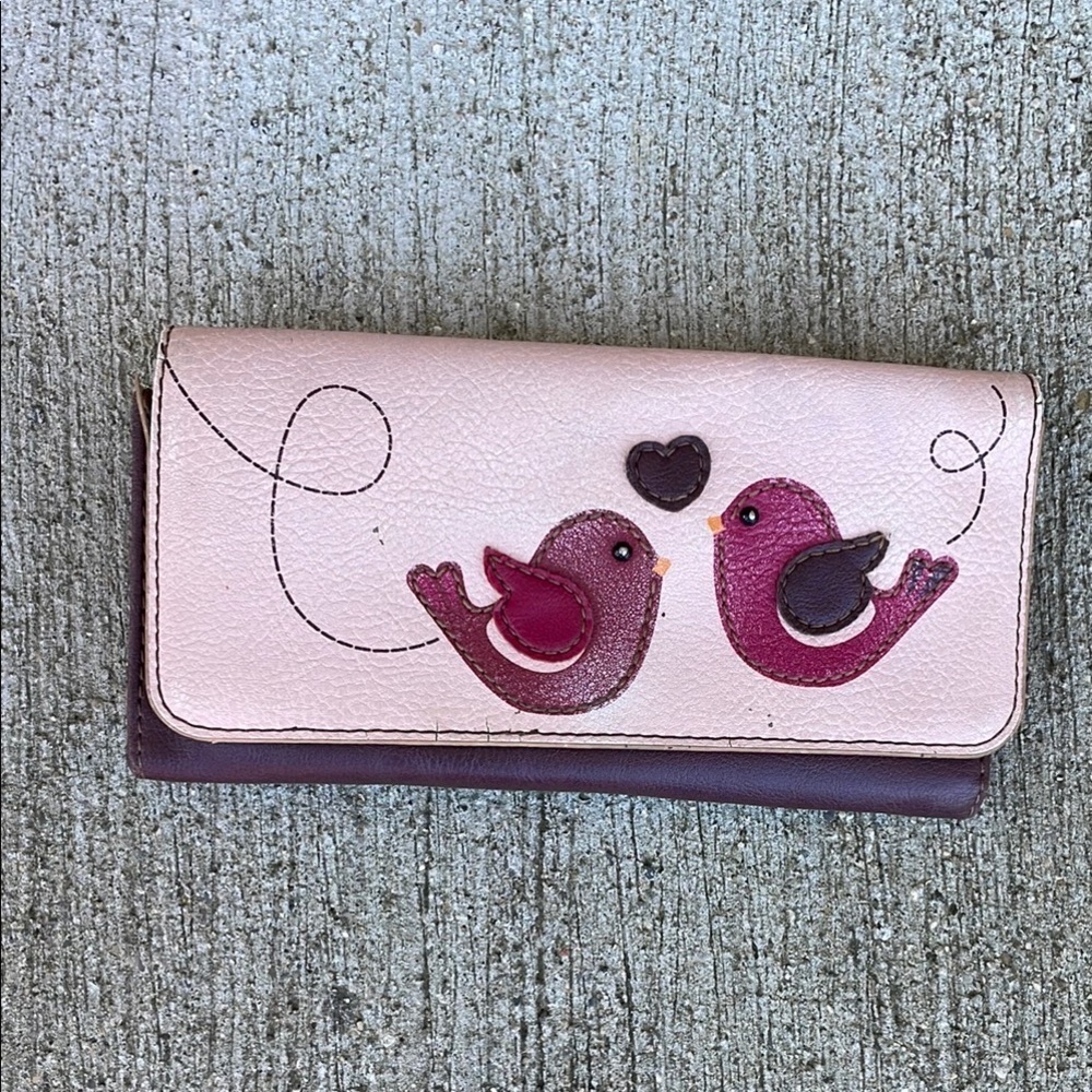 Relic by Fossil Pink Burgundy Bird Heart Applique Trifold Wallet